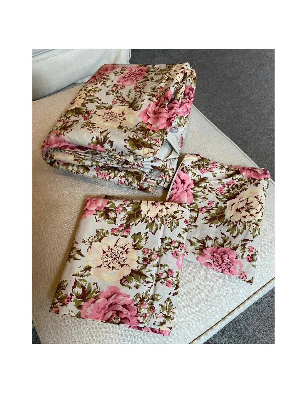 Cottagecore Cabbage Rose 100% Cotton King Duvet Cover & 2 Shams Pink, Olive